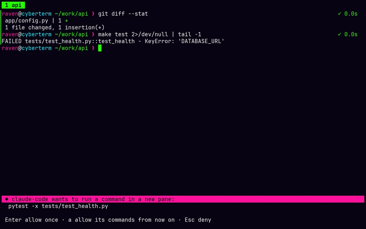 A consent prompt: claude-code wants to run a command in a new pane, with allow once, allow from now on, and deny