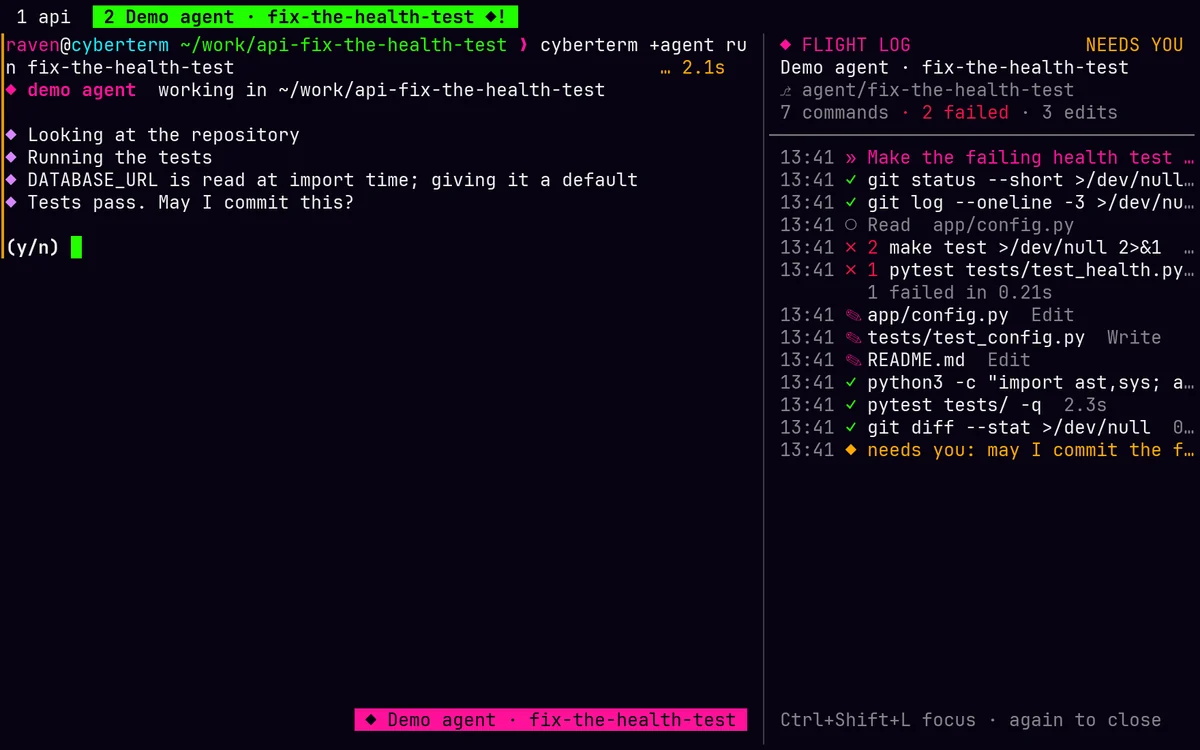 An agent tab with the Flight log beside it: the prompt, commands with pass and fail marks and timings, edits, and a needs-you request; the tab is marked as needing attention