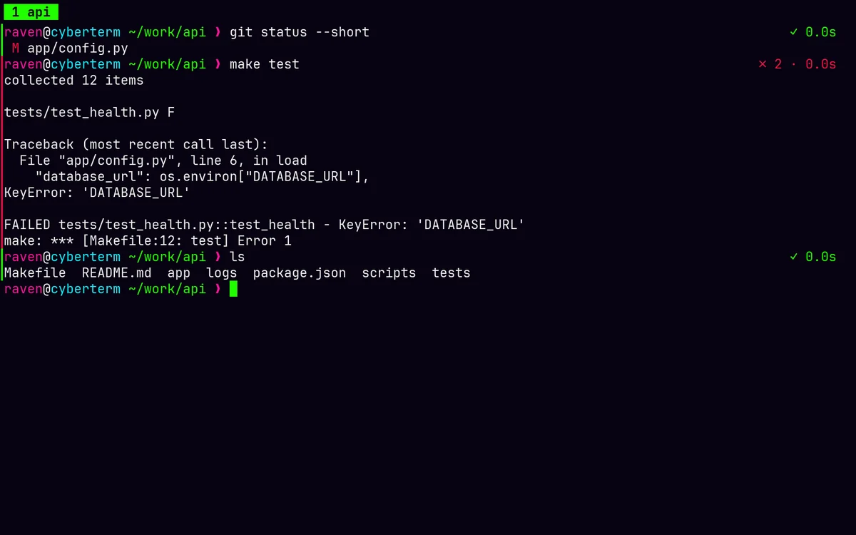 Three command blocks: a passing git status, a failing make test with its traceback and an exit-code badge, and a passing ls