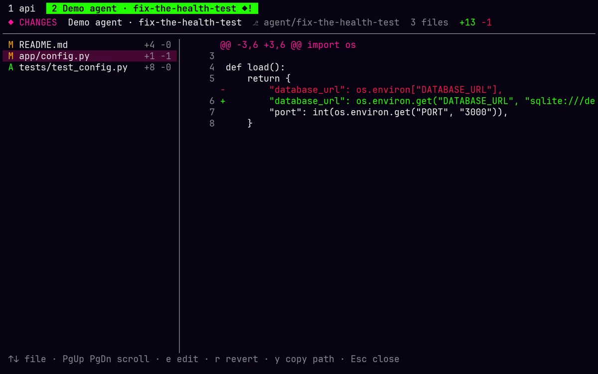 The Changes view: three changed files with counts on the left and the diff of app/config.py on the right
