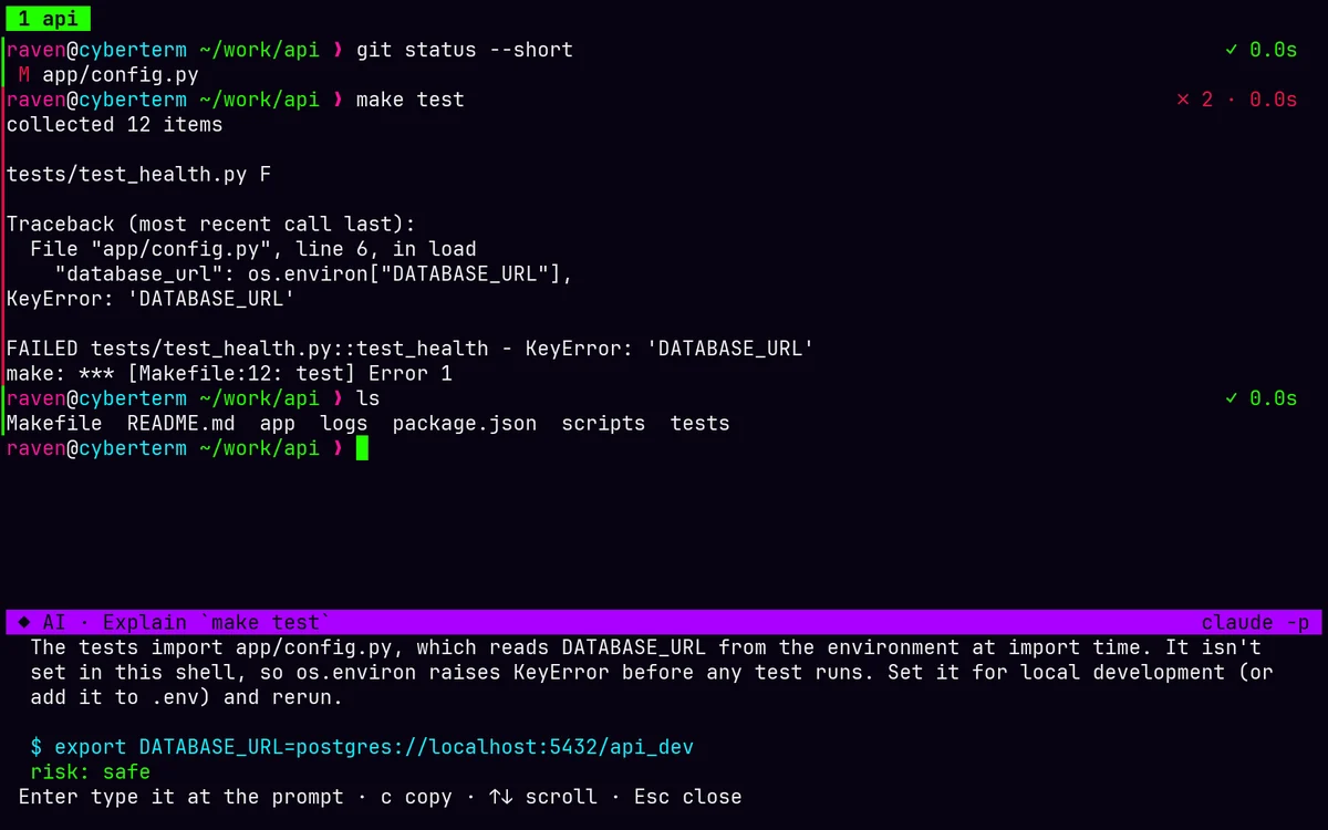 The AI panel explaining a failed test: DATABASE_URL isn't set, with a suggested export command rated safe