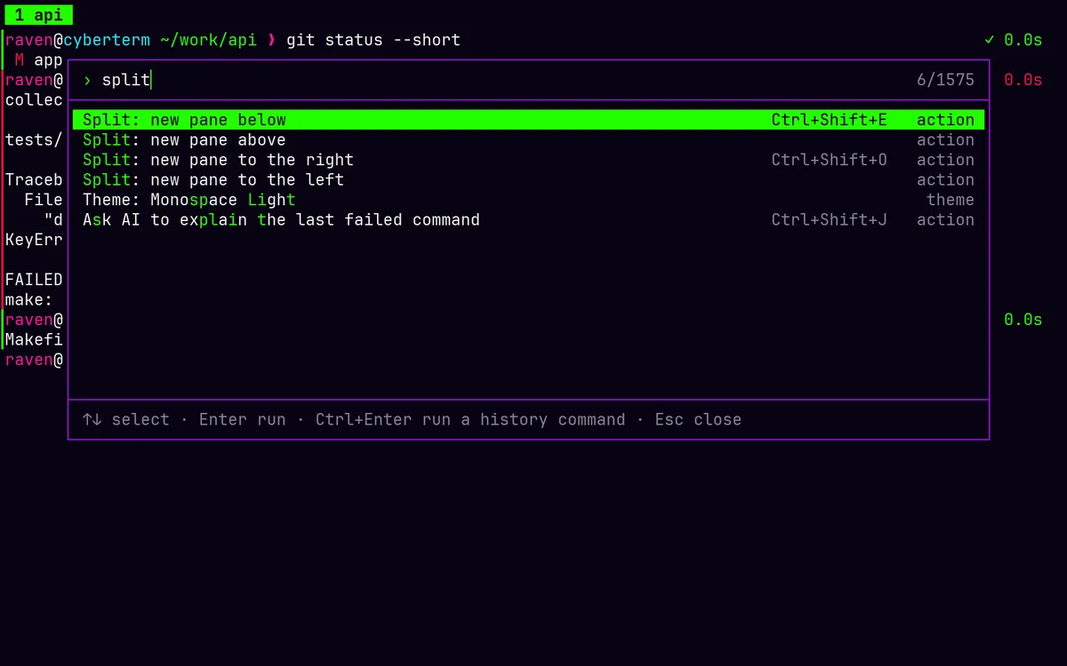 The command palette with split typed, listing the split actions with their shortcuts