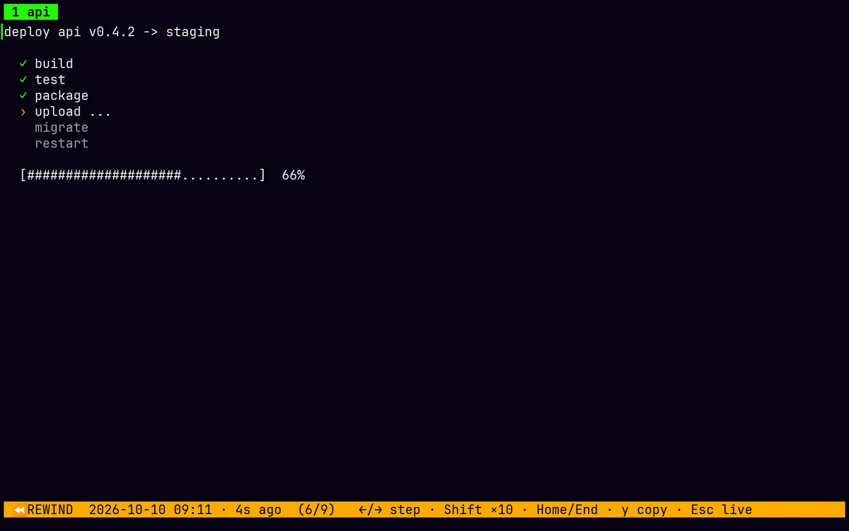 Rewind showing a deploy halfway through, with the rewind bar at the bottom