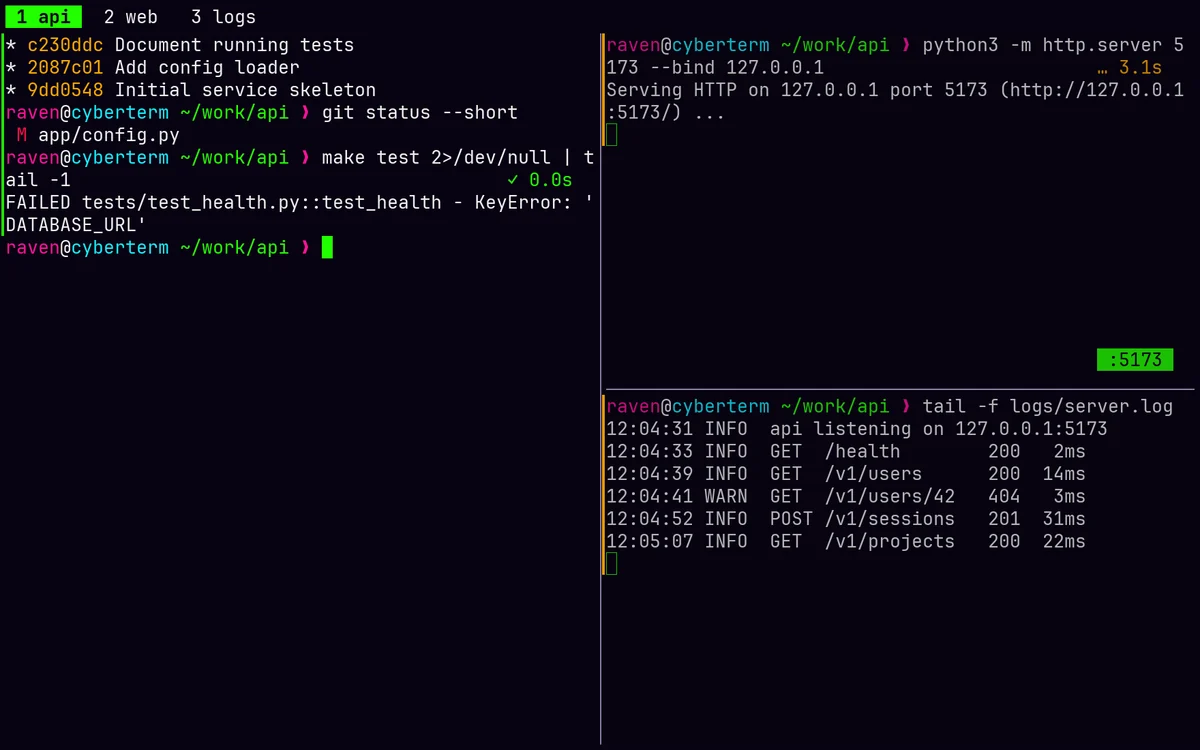 Cyberterm with three tabs and three panes: recent commands on the left, a dev server with a :5173 port chip top right, a log tail bottom right