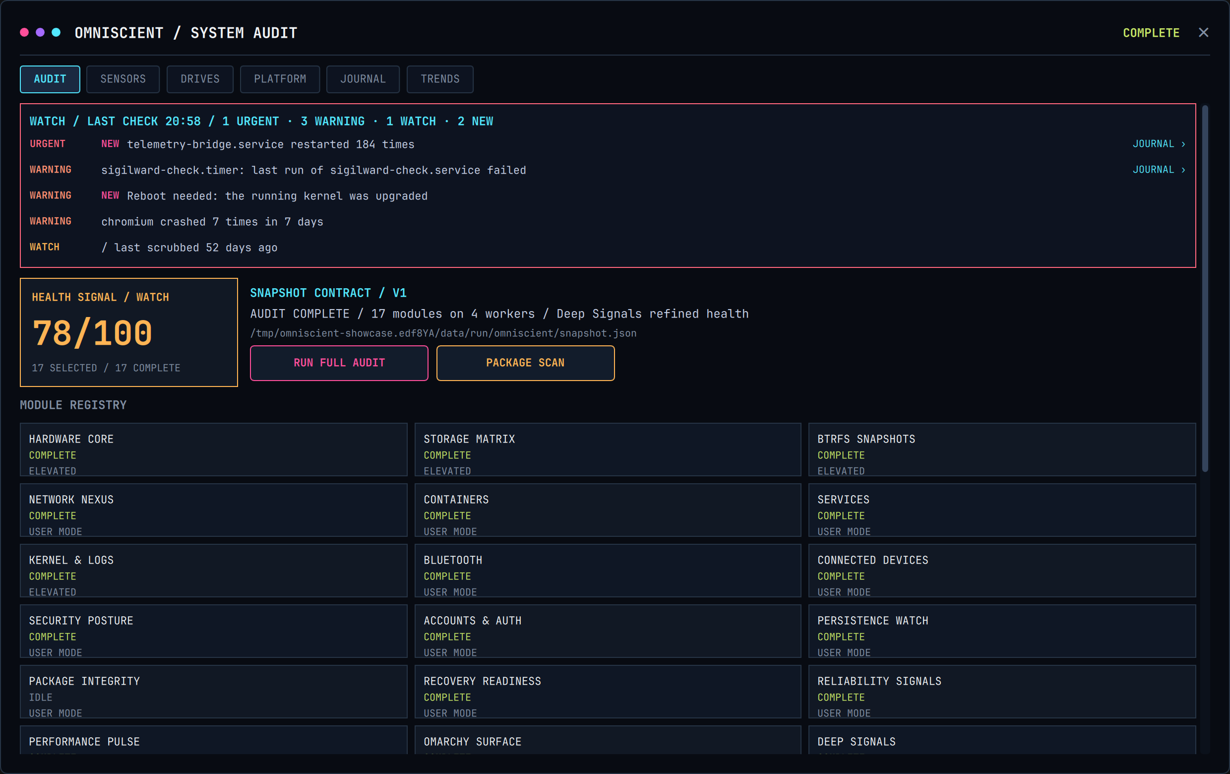 Omniscient audit: health · watch · 18 modules