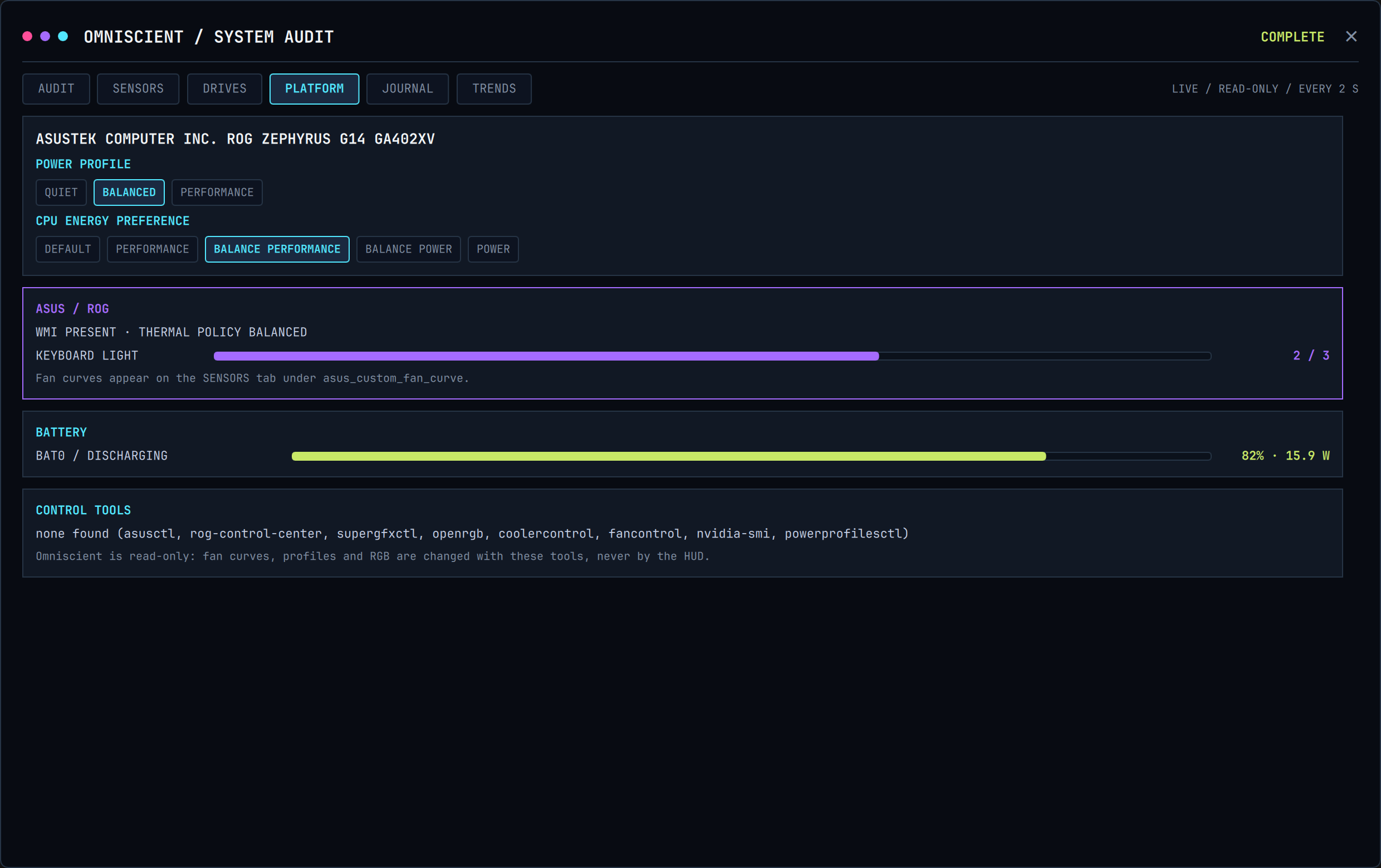 Omniscient platform: profile · asus · tools